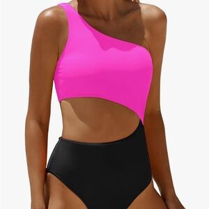 Younique One-Shoulder Pink and Black One-Piece Swimsuit